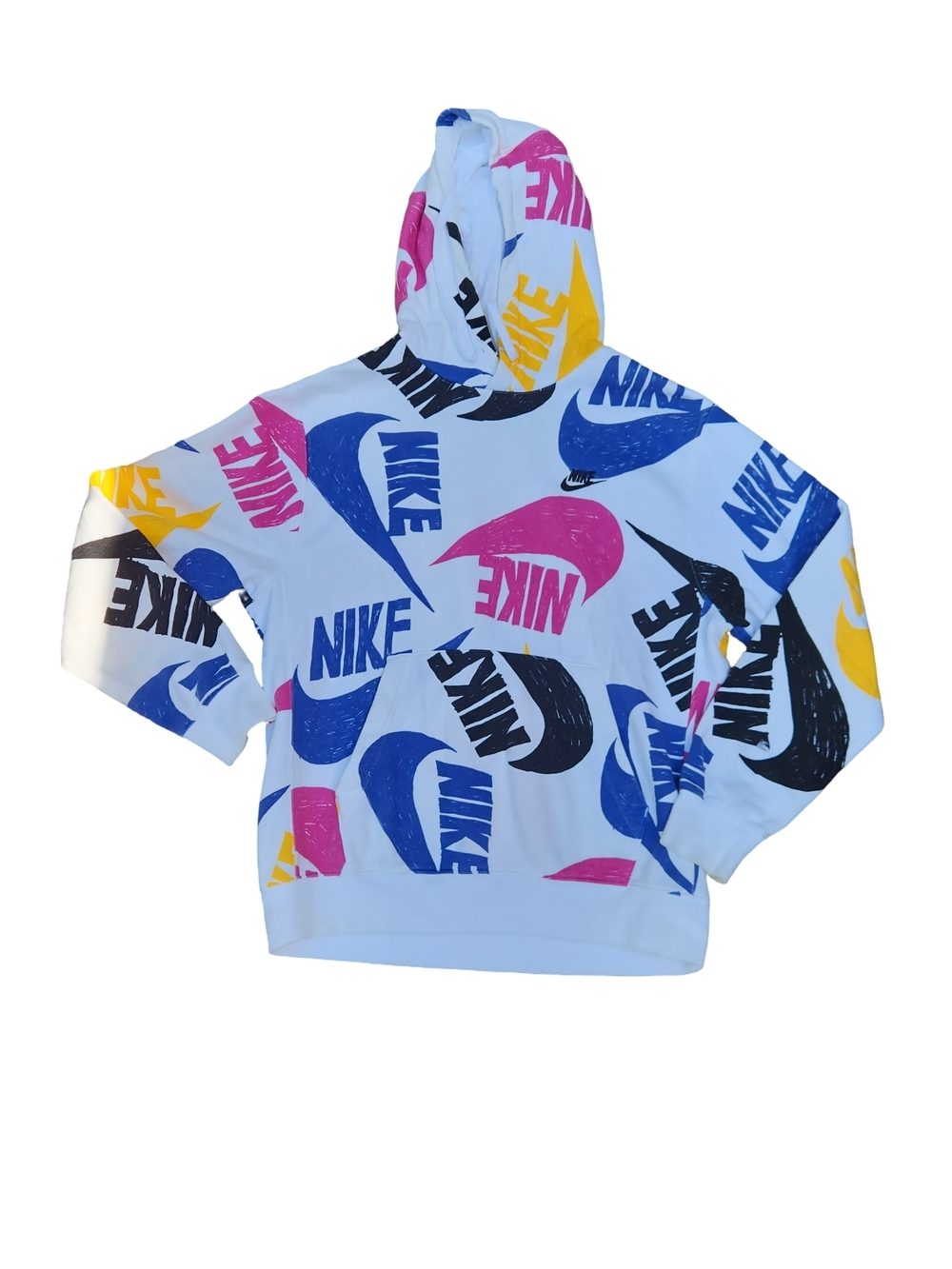 Nike Mens White Hoodie with Multicolor Swoosh Print